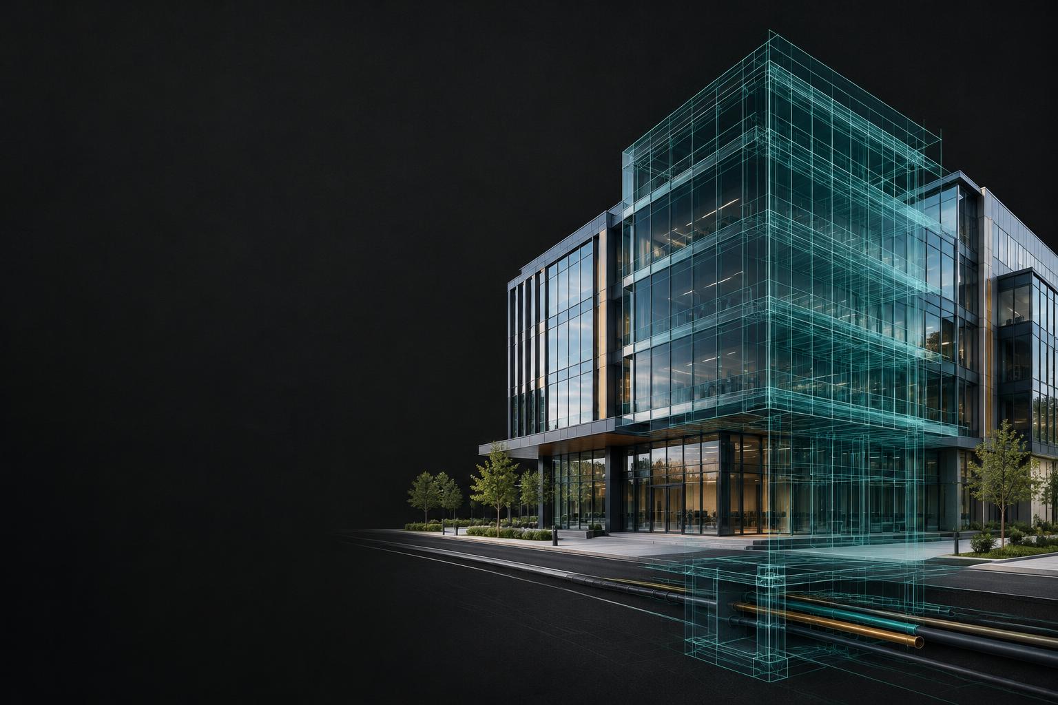 Illustration conceptuelle d’un bâtiment et de son jumeau numérique, sans données d’actif réel